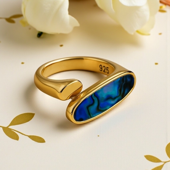 🆕️ Boho Chic Adjustable Ring Abalone Shell 18K Gold Plated S925 Sterling Silver - Picture 1 of 11